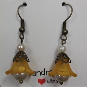 Handmade Apricot Flower Drop Earrings With Faux Pearls & Antique Brass Accents